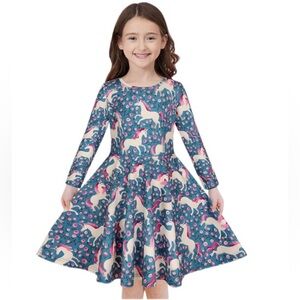 Unicorn Print Kids Dress - Blue and Pink